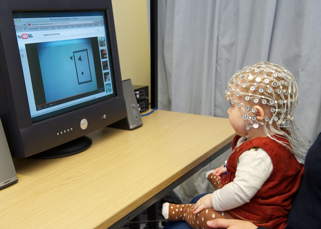 Baby wearing electrode cap taking part in an EEG experiment