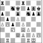 A black and white graphic of a chess board with pieces in different squares around the board.